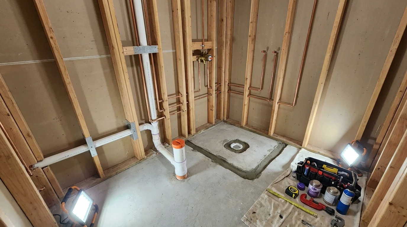 Bathroom rough-in plumbing during remodel by Johns Plumbing LLC in Hubbard Lake