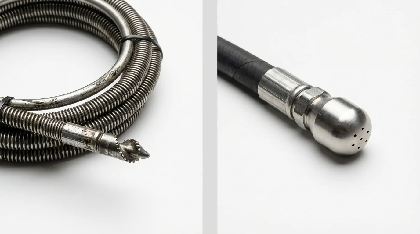 Drain snake cable and hydro jetting nozzle used for drain cleaning in Hubbard Lake, MI