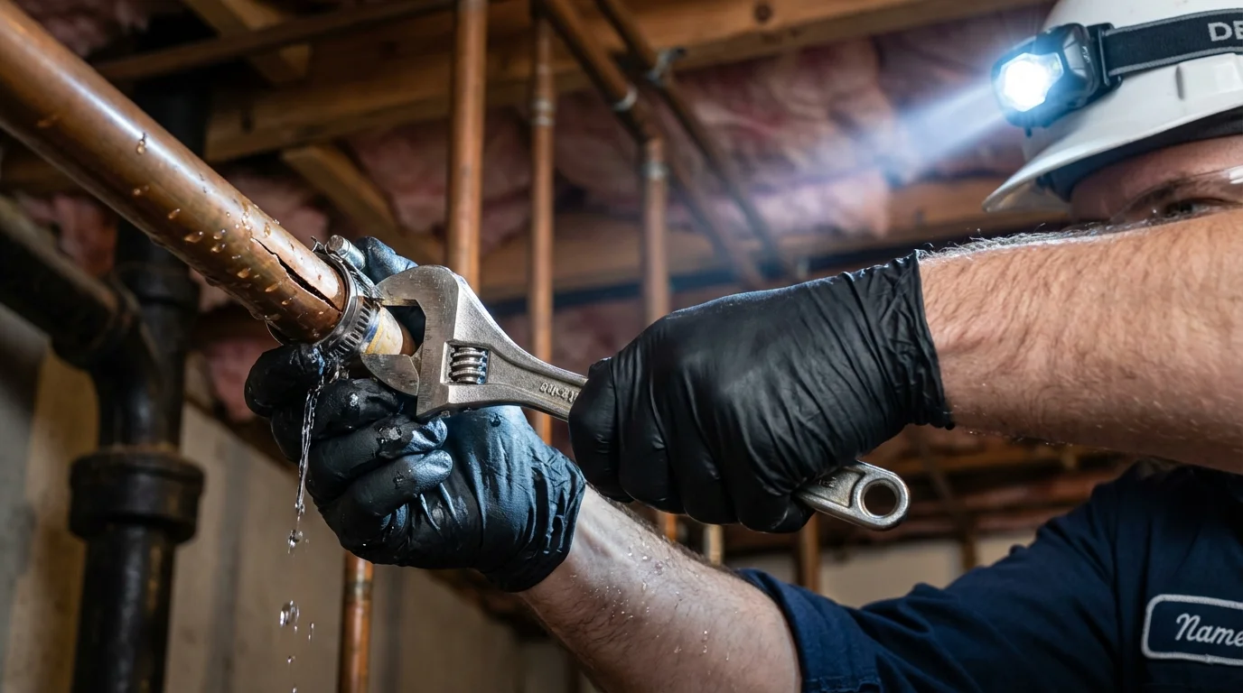 Emergency pipe clamp repair being performed by a Johns Plumbing LLC plumber in Hubbard Lake