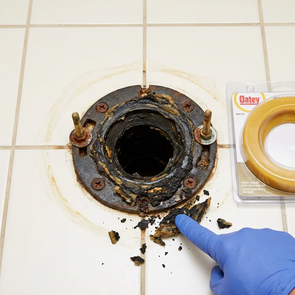 Failed wax ring showing water seepage at the base of a toilet in a Hubbard Lake, MI home