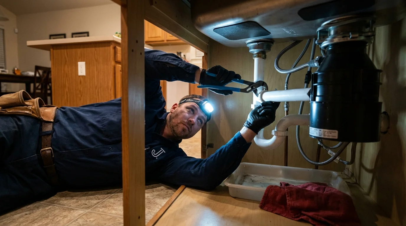 P-trap and supply line connections under a kitchen sink showing a common leak point in Hubbard Lake, MI